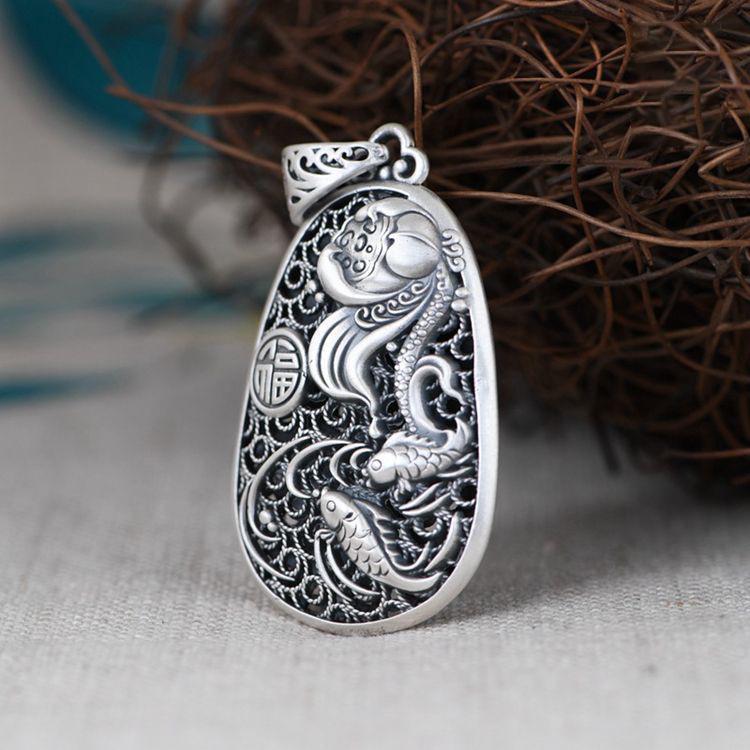 Полый кулон-капля с иероглифом Фу, карпом и лотосом - Ретро серебряная цепочка-свитер для женщин