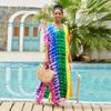 Ethnic Print Kaftan Dresses for Women Plus Size Turkish Swimsuit Cover Ups Long Beach Caftans Colorful Stripe Summer Tunic Q1546