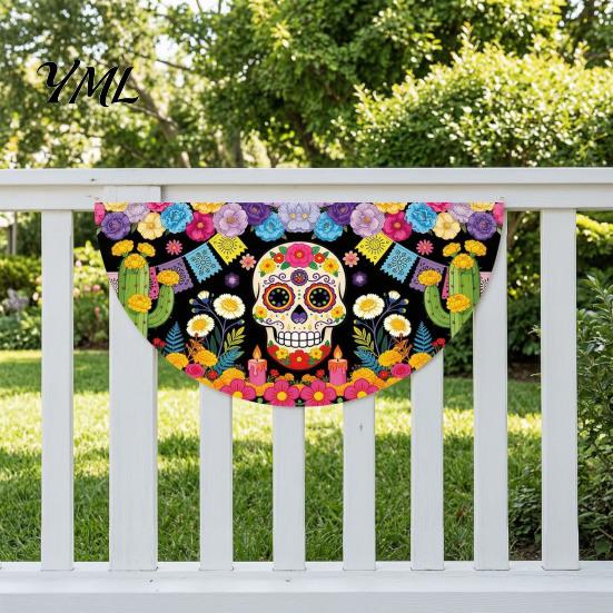 Durable Polyester Bunting Day of The Dead Skull Banner, Marigold Print Fiesta Decorative Wall Hanging Flag, Colorful Sugar Outdoor Yard Party