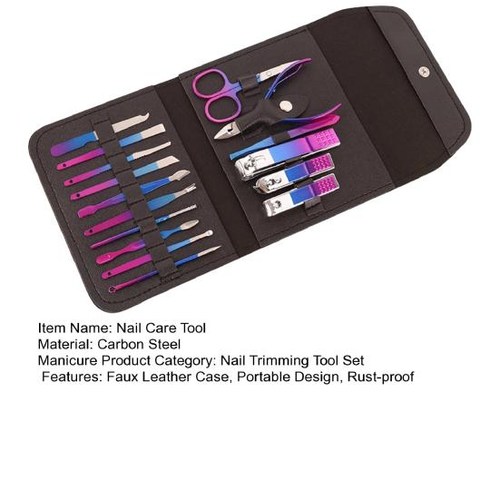 16 шт. маникюрный набор с чехлом из искусственной кожи, плоские косые кусачки для ногтей, ножницы для бровей, пилочка для чистки ушей, портативный педикюр из углеродистой стали
