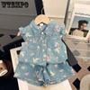 Summer Denim Suit Korean Girls' Printed Flying Sleeve Set Stylish Two-piece Set for Baby Girls