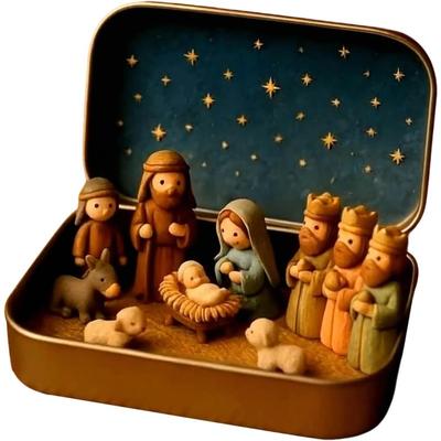 3D-скульптура из смолы 120 г, Набор рождественских яслей с фигурками, Портативная карманная шкатулка с фигурками Рождества Иисуса, Ручная работа, Миниатюрные наборы фигурок Иисуса