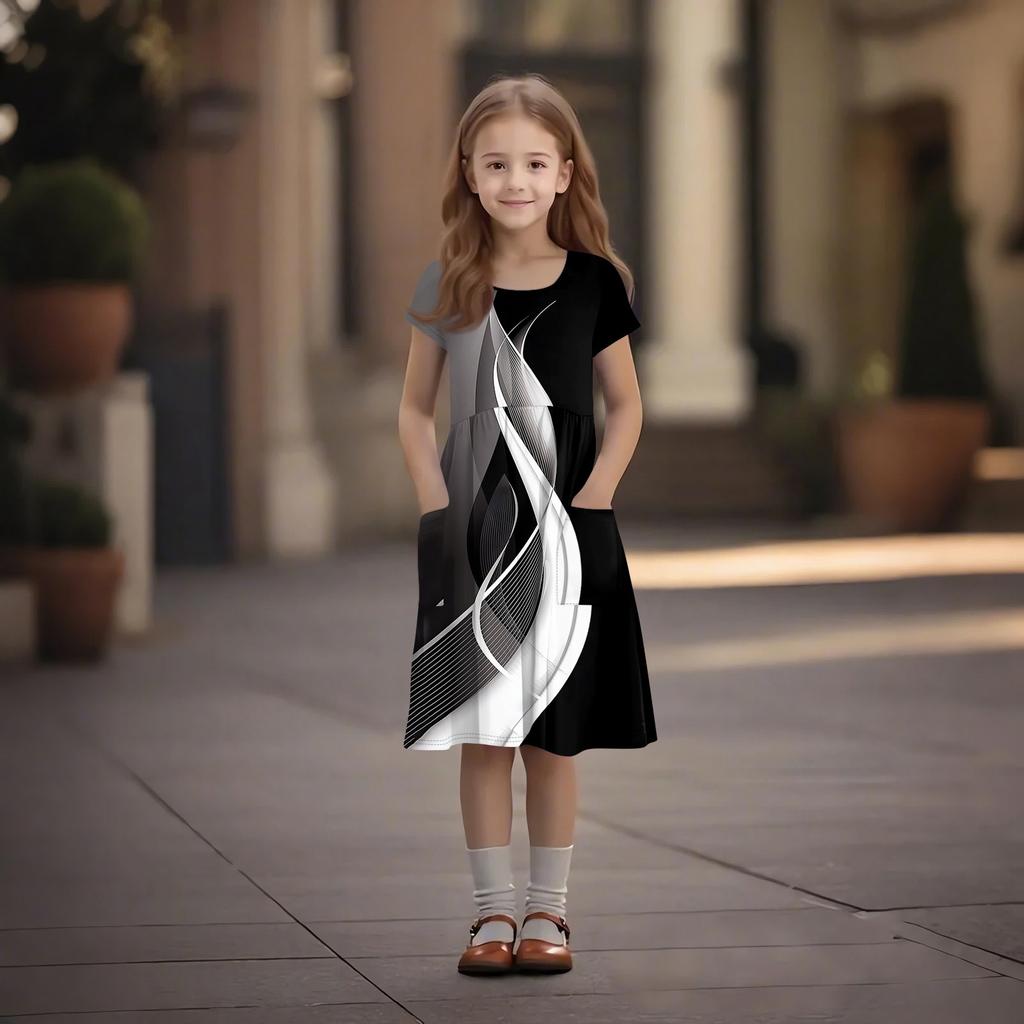 Детская юбка с круглым вырезом и коротким рукавом, платье принцессы, модное повседневное платье с карманами для девочек