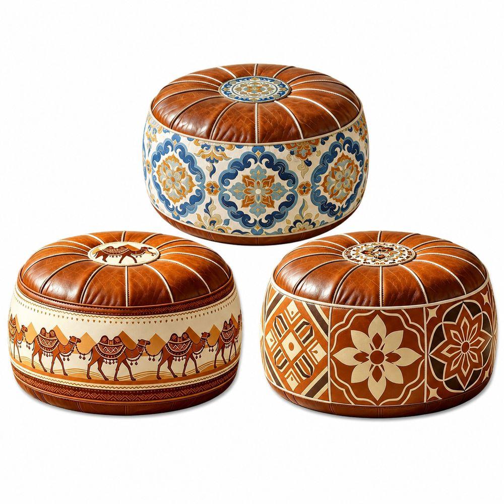 PU Leather Ottoman Pouf Boho Pattern Storage Ottoman Portable Footstool Cover Living Room