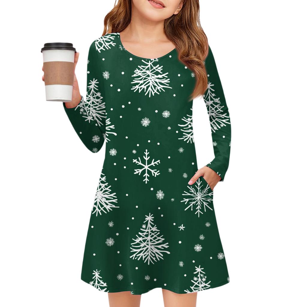 Christmas Day Girls' Long Sleeve Dress - Color Pocket Dress