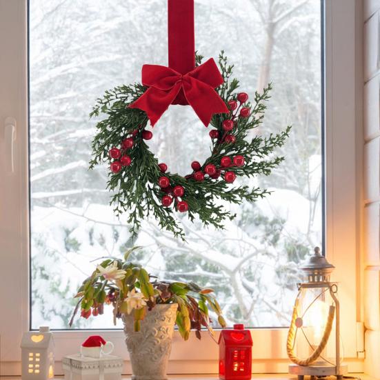 Artificial Christmas Wreath for Front Door 10 Inch Winter Greenery Wreath with Red Berries And Velvet Bow for Holiday Farmhouse Indoor Outdoor Porch