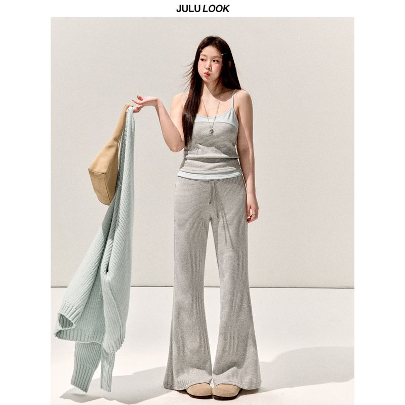Julu Studio's "Embrace the Shape You Are In" Plus Size Lazy Cardigan Striped Camisole Flared Pants Set