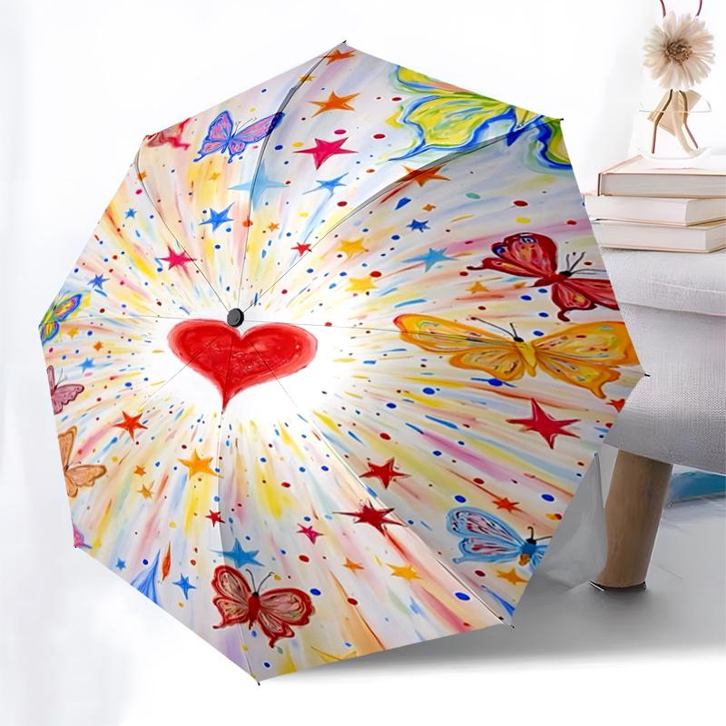 Colorful Butterfly Heart Auto Open Close Umbrella with Foldable Design,,Travelers,Daily Use,Festive Gift (8 Bones Iron Frame)1121071a