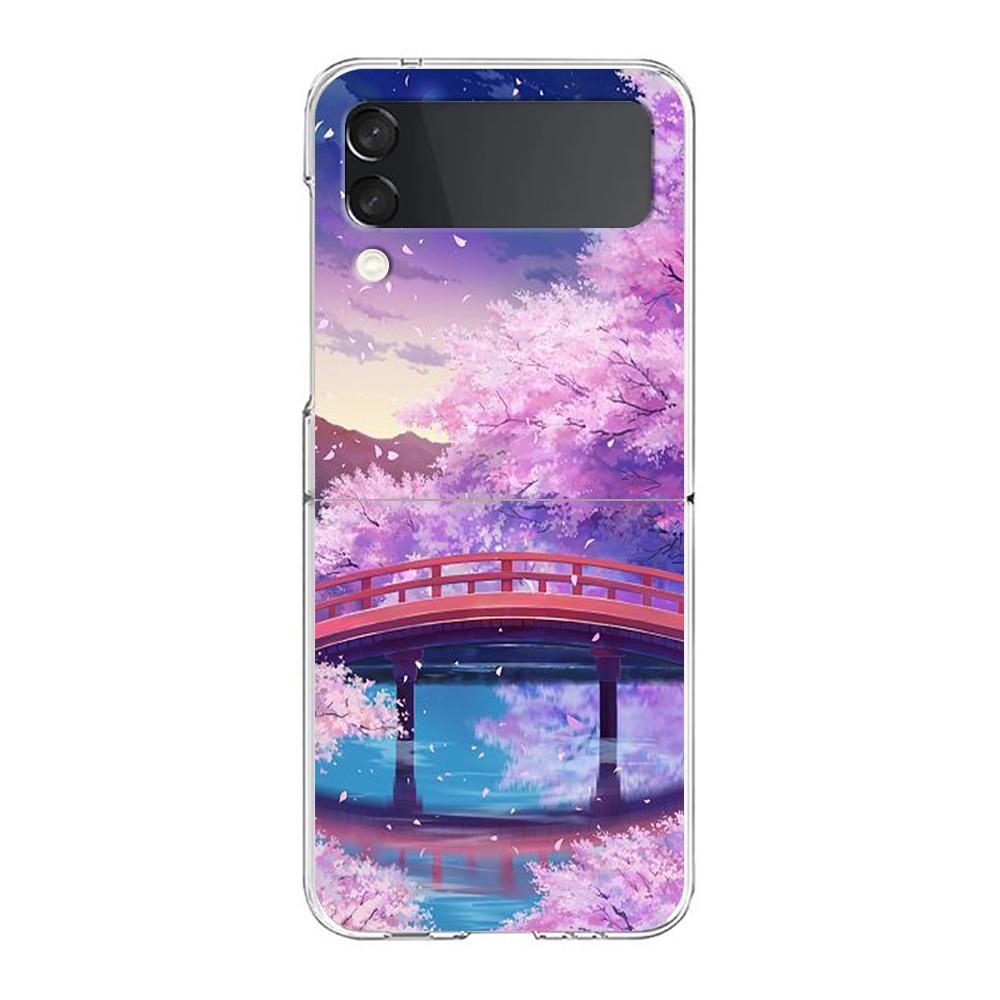 Японские вишневые цветы Гора Поезд Для Samsung Galaxy Z Flip 3 4 5 Жесткий Складной Прозрачный ПК Чехол Для Телефона Для Samsung Z Flip3 Обложка