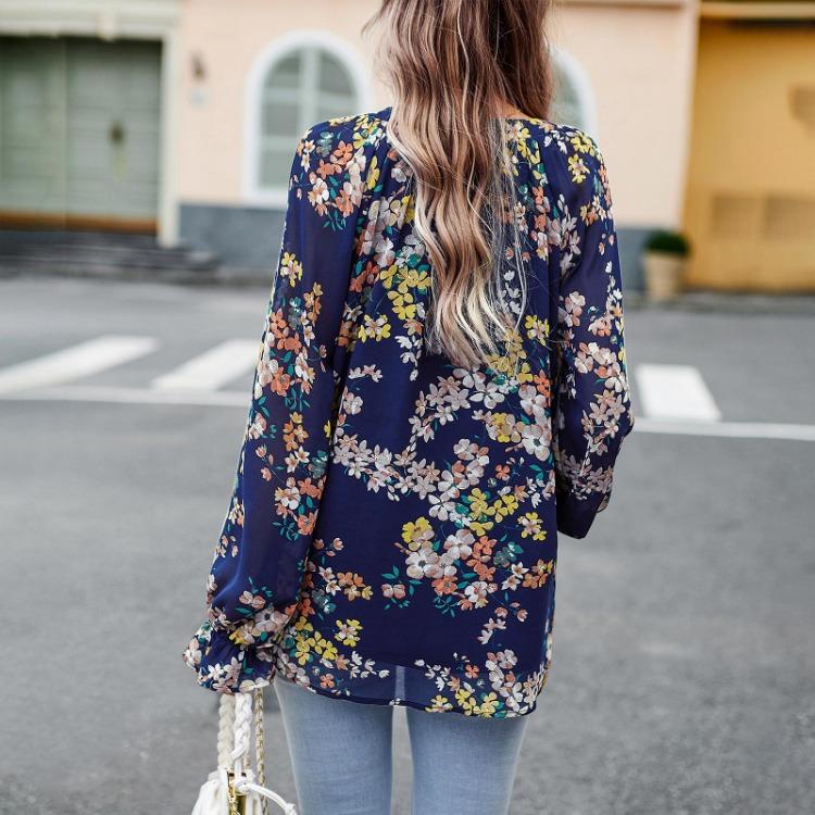 Elegant Floral Blouse for Women V Neck Lantern Sleeve Button Top Autumn Shirt