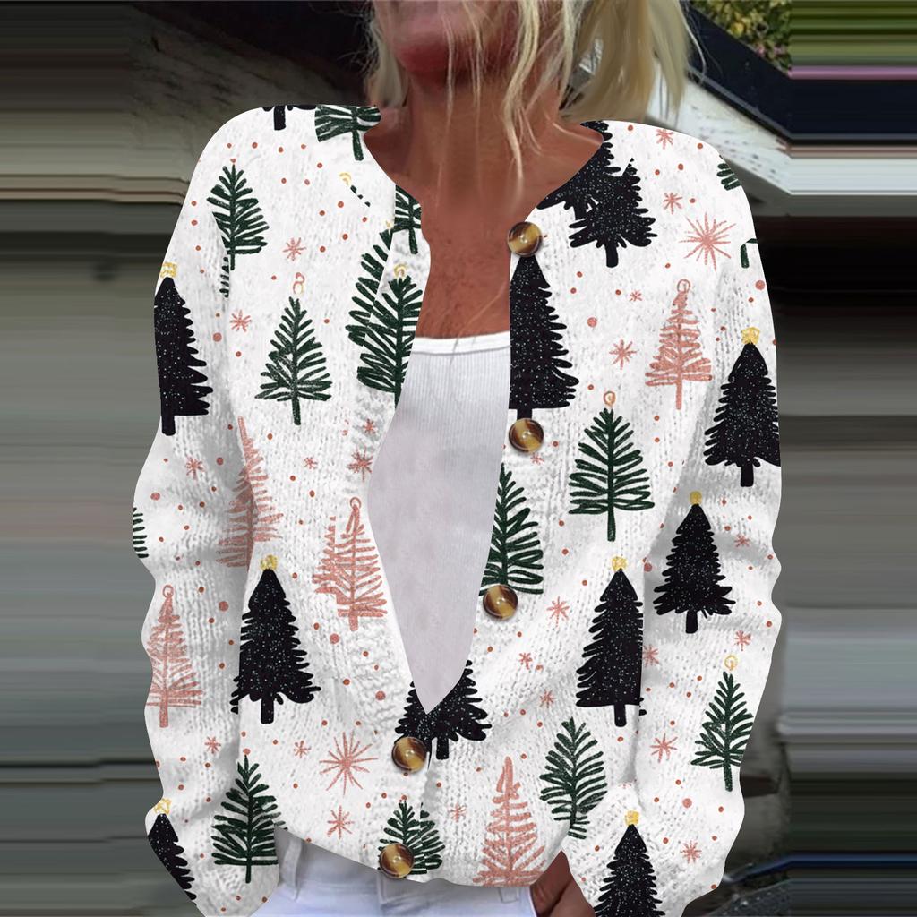 Women's Fashion Christmas Printed Long Sleeve Knitted Cardigan Button Down Jacket