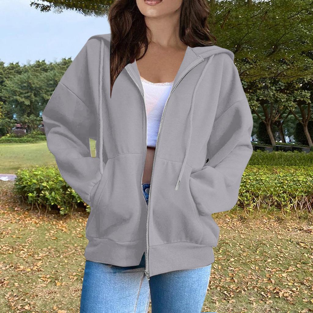 Women's Casual Fashion Solid Color Long Sleeved Zippered Hooded Sweatshirt