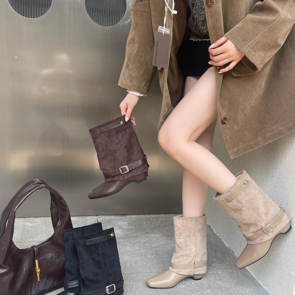 European and American style thin wide tube pants tube boots inner height increase short boots black apricot brown into spring