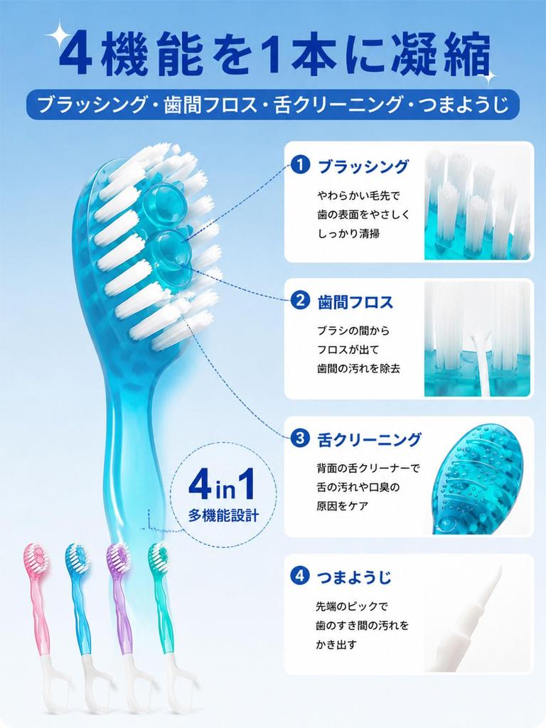 Мини-зубная щетка и межзубная нить 5-в-1, дизайн Double-Bubble, 4 цвета и 4 вкуса для различных ситуаций ухода, ультратонкая многослойная щетина