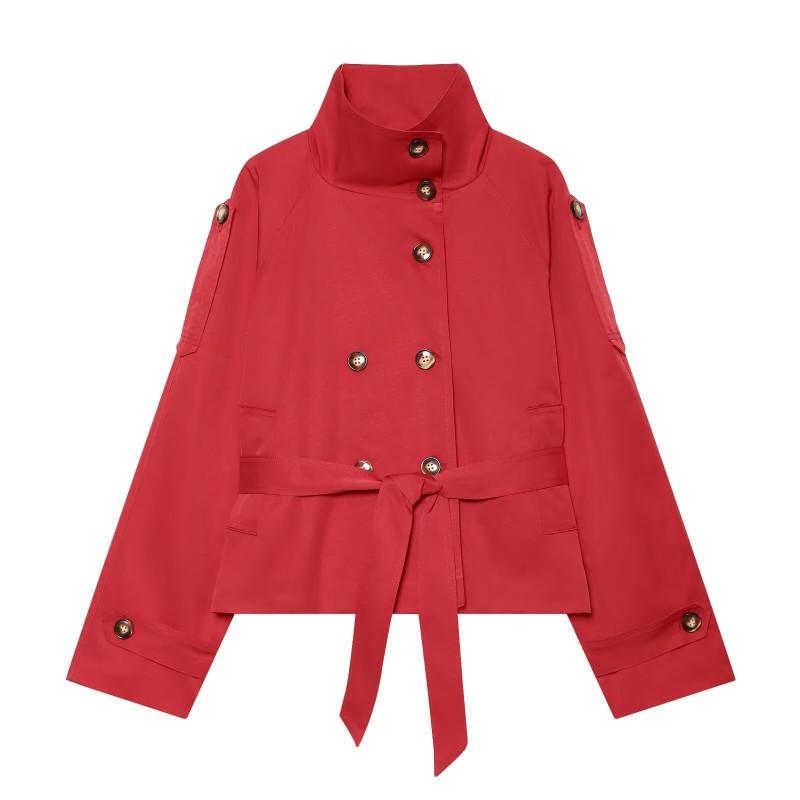 Womens 2026 Double-Breasted Belted Trench Coat With Stand Collar Slim Fit Street Style