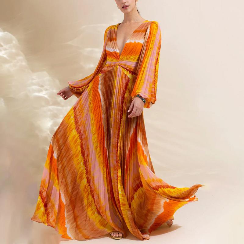 Комплект слитного купальника с длинными рукавами и V-образным вырезом - Европейский и американский принт для приморского отдыха