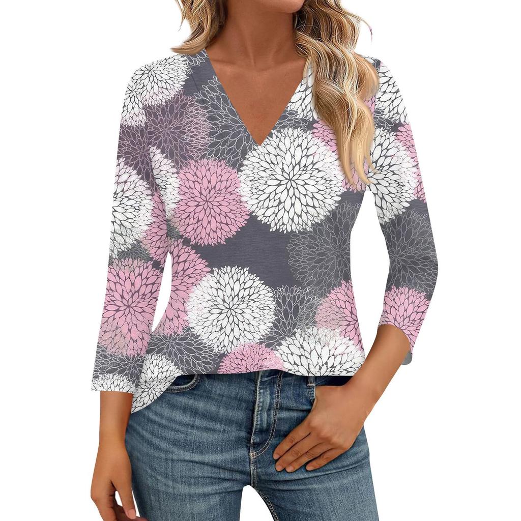 Женские рубашки с рукавом 3/4, топы с принтом и V-образным вырезом, повседневные топы, базовые футболки, блузки, свободные топы