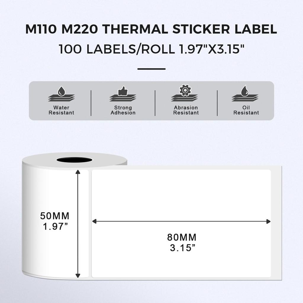 Labels for M110/M220, 1.97'' X 3.15''(50x80mm),Square,White,100 Labels/Roll, Self-Adhesive Thermal, for Logo, Barcode, Address