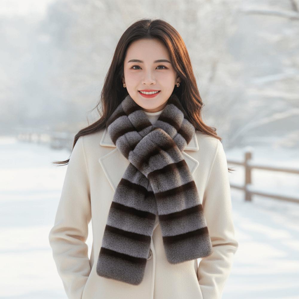 Faux Striped Fur Scarf Thick Contrast Tippet Fluffy Fleece Wrap Plush Long Muffler Skiing Resort