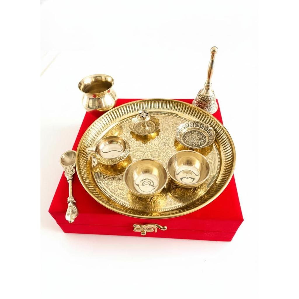 Pure Brass Pooja Thali Set 9 Pieces | 20.32 cm