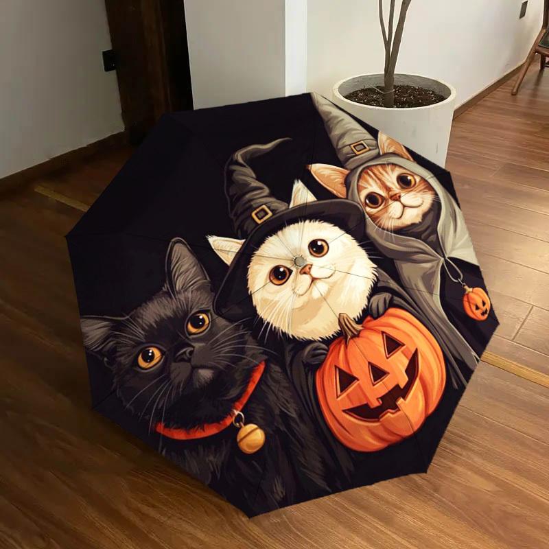 1pc Halloween Cats in Witch Costumes Umbrella with Plastic Handle,Suitable for All Seasons Home Travel Outdoor UmbrellaDD1678