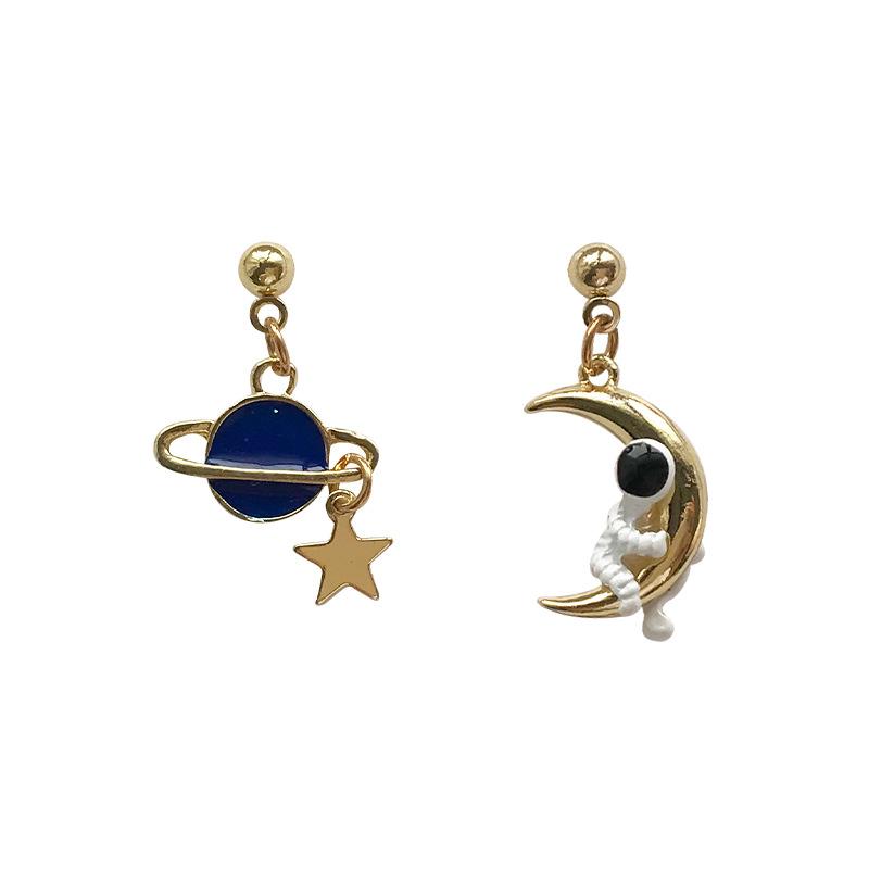 Серьги астронавта из серебра 925 пробы для женщин, асимметричные серьги-гвоздики из сплава со звездой и планетой Луной, короткие забавные ювелирные изделия, подарки подруге