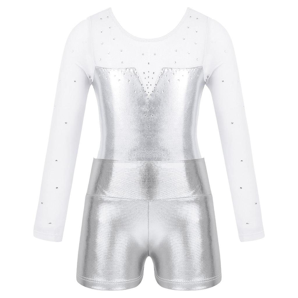 Девочки Металлический Купальник Длинный Рукав Дизайн Пэчворк из Страз Шорты с Высокой Посадкой Комплект для Выступлений