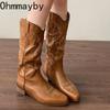Мода Винтаж Вышивка Женские сапоги до колена в стиле вестерн Модные туфли с острым носком Осень Зима Толстый каблук Дамы Рыцарь Длинные сапоги