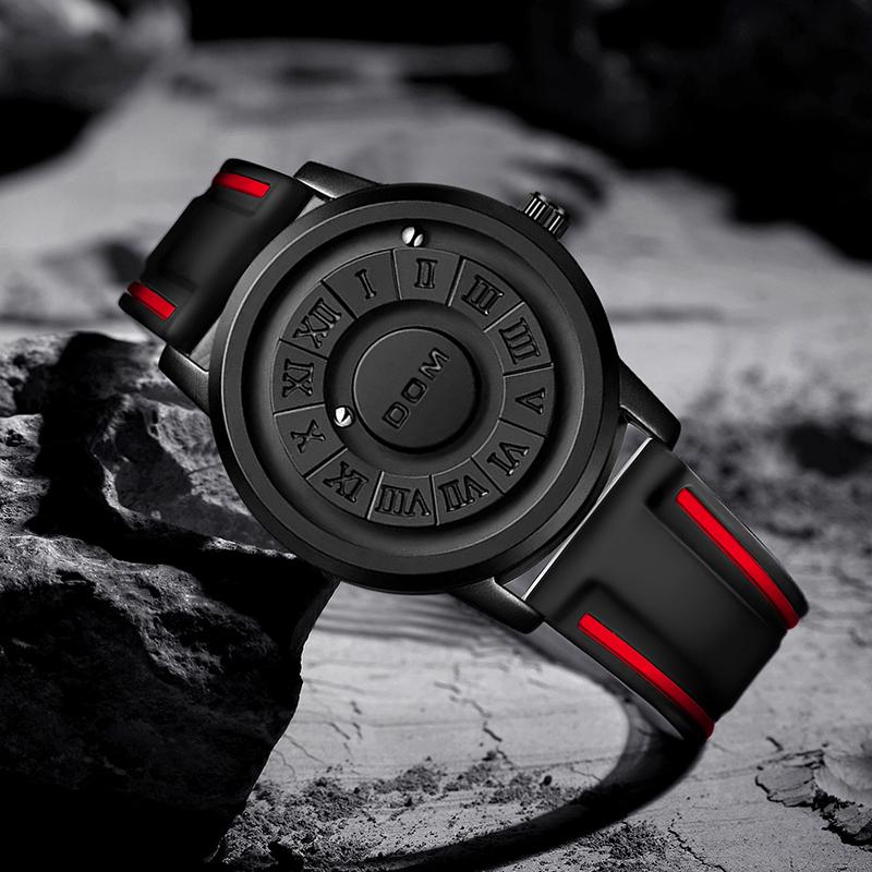 DOM 1345 Men New Silicone Quartz Watch 3ATM Waterproof Scrolling Iron Ball Magnetic Pointer Watches for Male Hands Gift