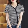 Летняя новая футболка с коротким рукавом и кулиской, женская, французский V-образный вырез, короткий рукав, нишевый шик, полосатый топ