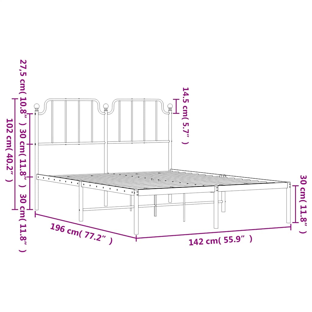 Metal Bed Frame with Headboard White 135x190 cm