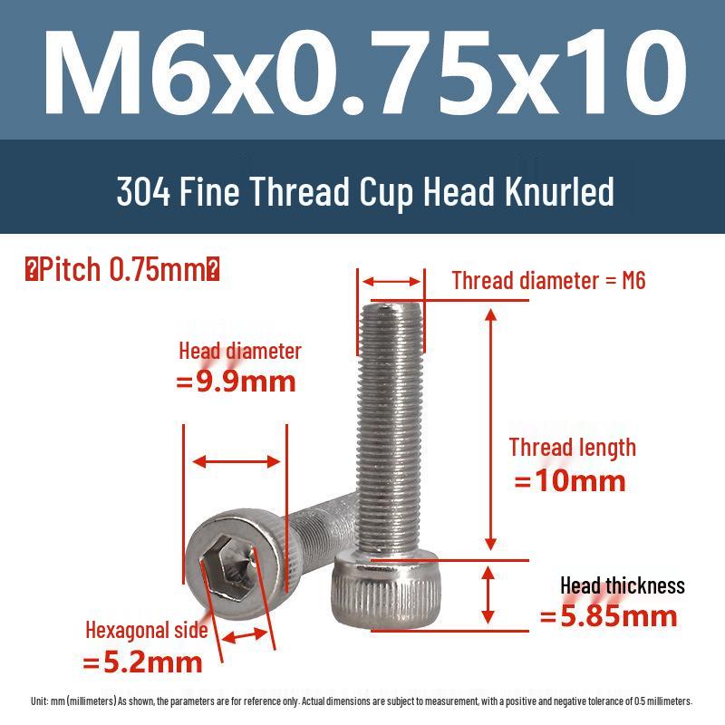 Yigu Fine Thread Knurled Socket Head Screws, 304 Stainless Steel, M3-M12