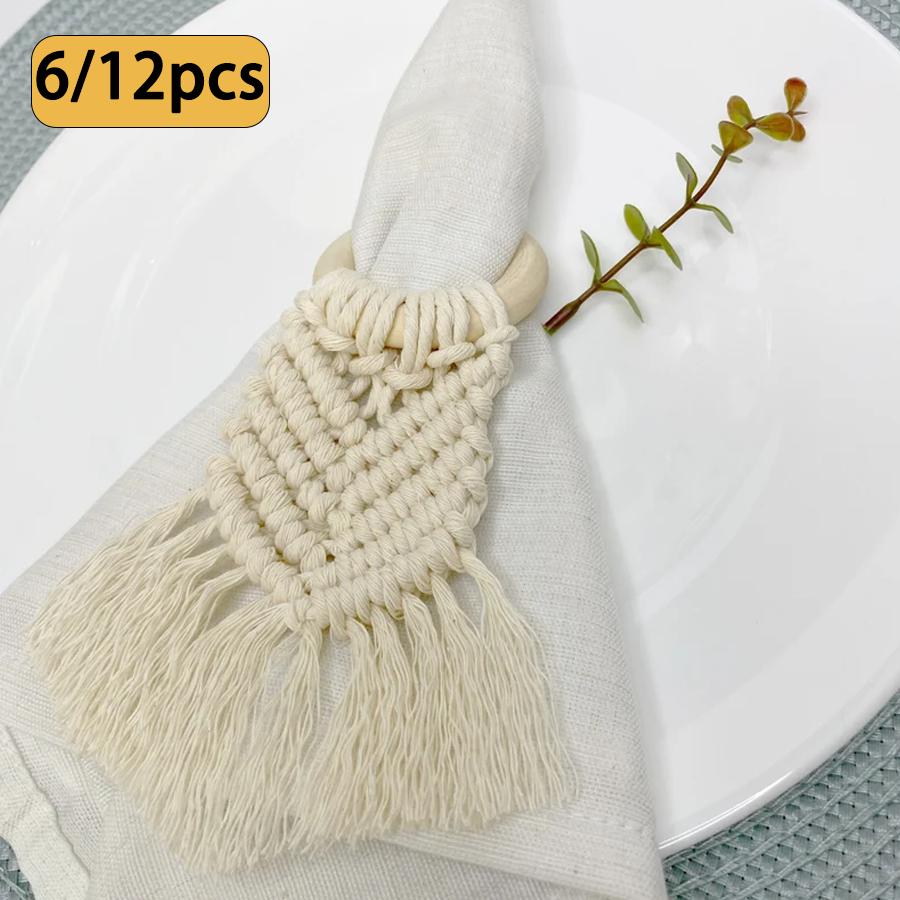 Boho Napkin Rings with Wooden Ring, Handmade Woven Fringe Napkin Holders for Rustic Wedding, Party & Farmhouse Table Decor