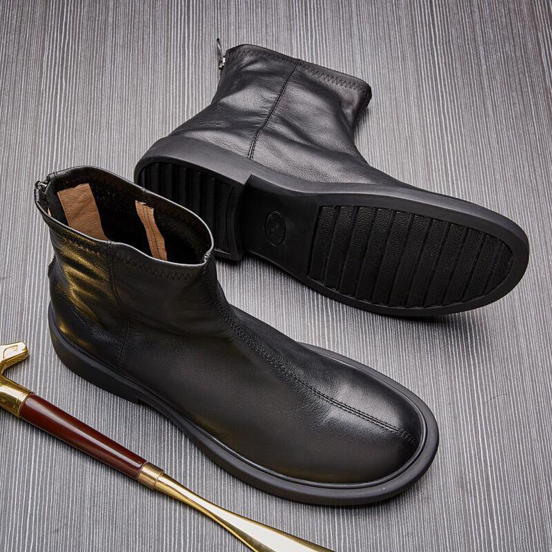 Men's Genuine Leather Martin Mid-Cut Casual Boots with Velvet Lining - Trendy All-Match Design for Spring and Autumn