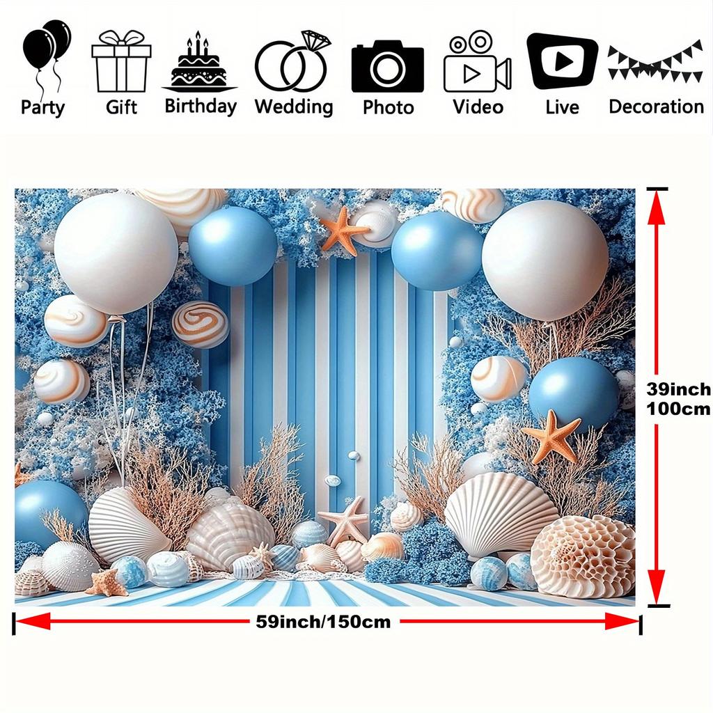1 2D party background with an ocean theme, decorated in a beach holiday style, featuring shells, starfish and balloons