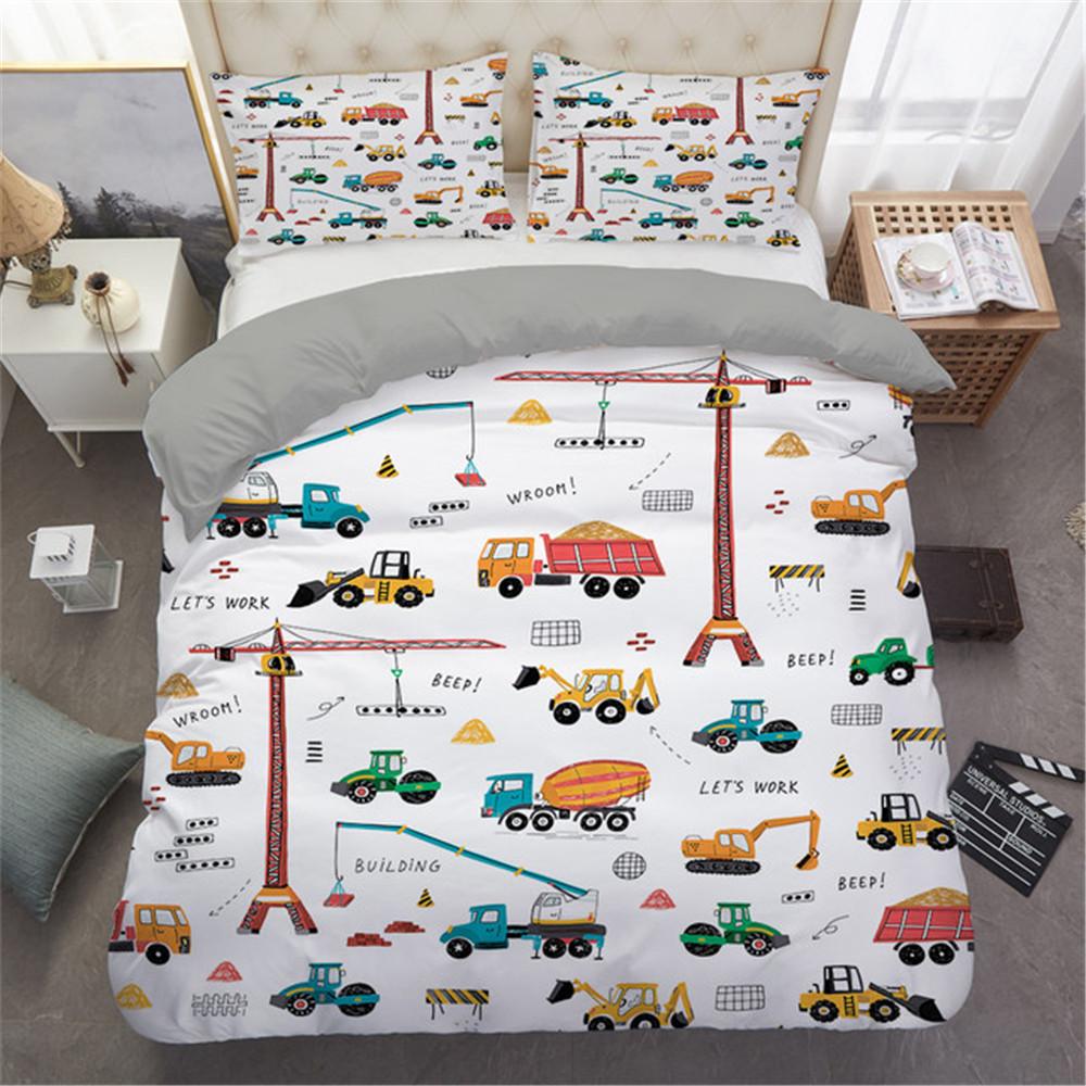 Comforter 2/3Pcs Simple Cartoons Car Bedding Set High Quality Child Excavator Crane Twin Single Full Queen King Size