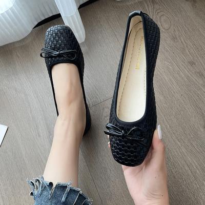 Туфли на плоской подошве с квадратным носком, женские туфли с бантом и неглубоким носком для поездок на работу, универсальные рабочие туфли с мягкой подошвой во французском стиле