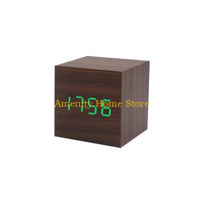 F26C Wood Cube Voice Control  Led Alarm Clock Decorative Clock Ornaments Art Crafts Supplies for Home Bedroom Dormitory