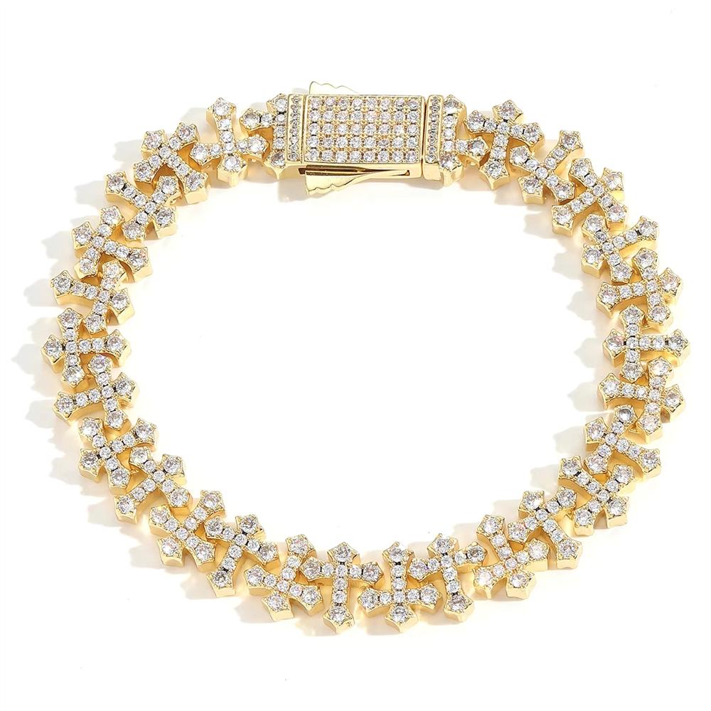 10mm Iced Out 5A CZ Cross Link Bracelet Spring Clasp Solid Brass Vintage Religious Hip Hop Jewelry for Women Men