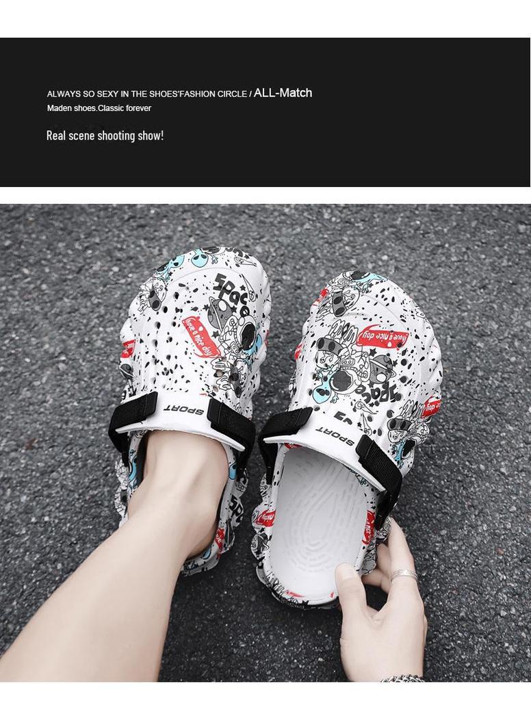 Мужские сандалии из ЭВА с толстой подошвой и принтом граффити: Универсальная обувь с отверстиями для заброда и пляжного ношения