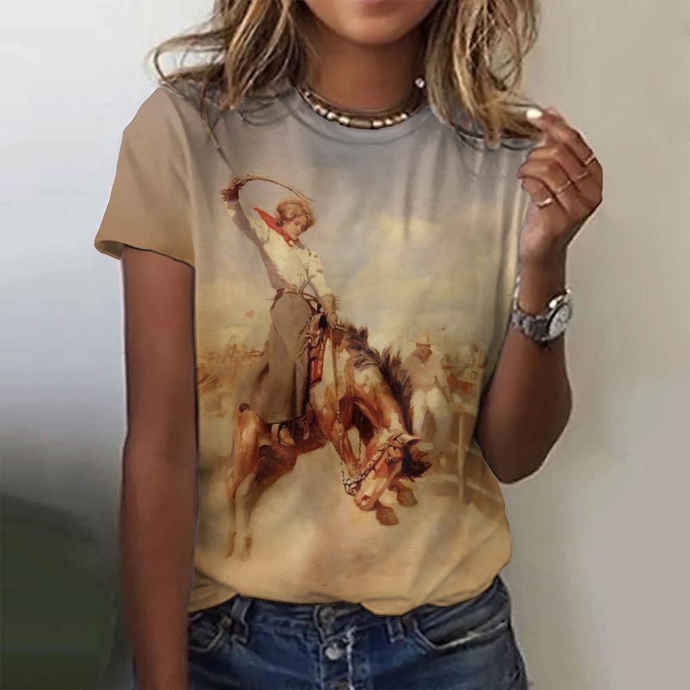 Western Cowgirl Print Vintage Women's T-shirts Casual Short Sleeves Tees Tops Summer Loose Handsome Women Clothing Pullover