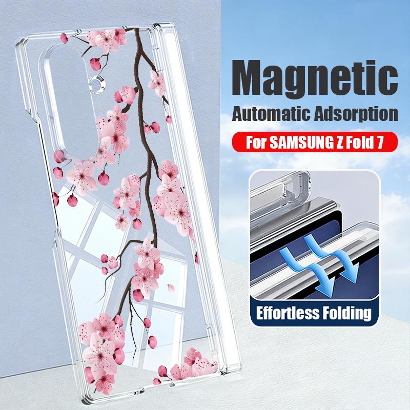 Магнитный Чехол-Книжка для Samsung Galaxy Z Fold 7 6 5 Fold7 Fold6 Fold5 5G Розовый Цветок Противоударный Жесткий PC Задняя Крышка