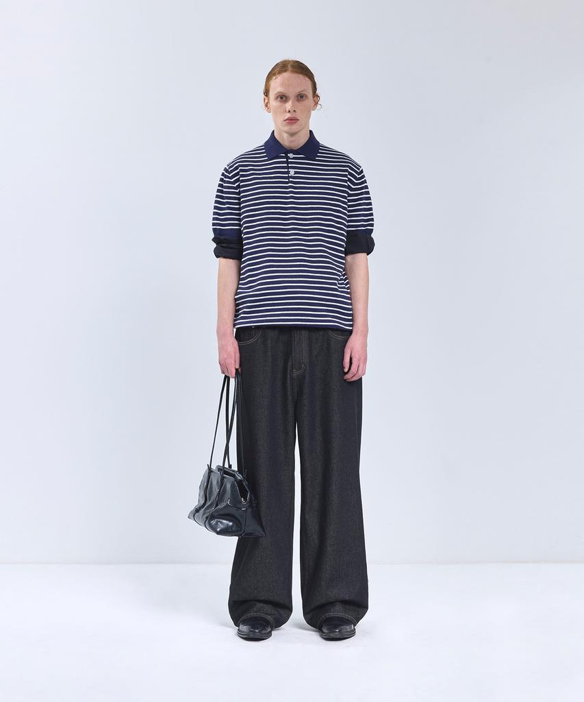 IRONYPORNO WHITELINE 86-Iro358 Color Stripe Button Collar Short Sleeve Knit Navy