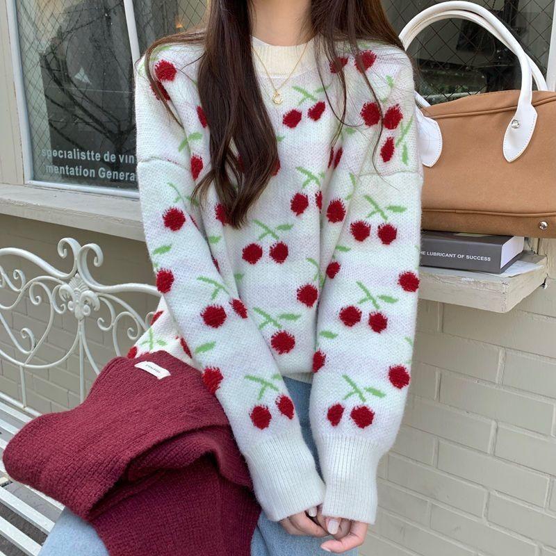Осень Зима Новый Вязаный Свитер Оверсайз с Принтом Вишни Женский Ленивый - Шикарный С Круглым Вырезом Сладкий Свитер Пуловер