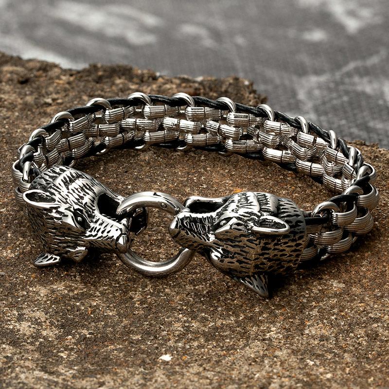 Wolf Head Bracelets Men's Stainless Steel Chain Charm Leather Punk Biker Jewelry Rock Viking Wristband Fashion Accessories Gifts