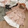 Summer Girls Short Sleeve Shorts Skirt Floral Chiffon Flowers Two-piece Baby Sweet Suit with Hat