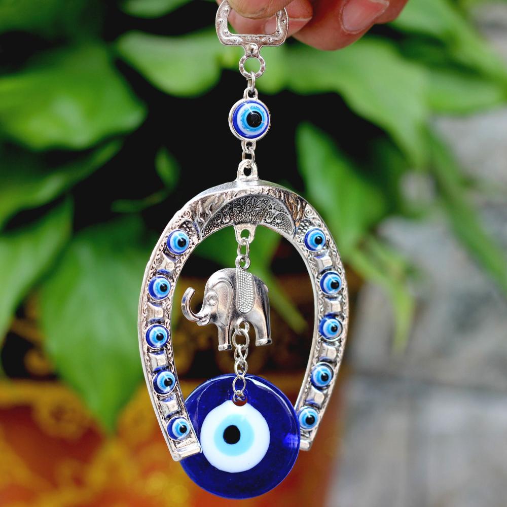 Blessing Ornament Car Pendant Hanging Ornament Evil Eye Horseshoe with Elephant Navy Blue