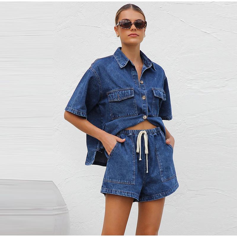 Женский джинсовый костюм-двойка Свободная повседневная рубашка с коротким рукавом + шорты на резинке
