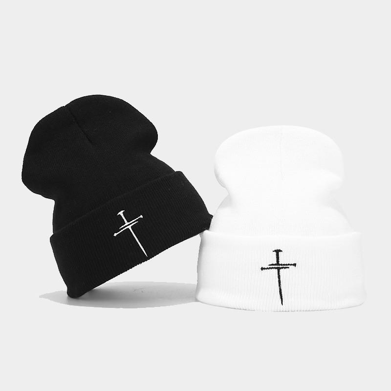 Unisex Vintage Cross Embroidered Knit Beanie Hat Punk Street Style Warm Winter Cap