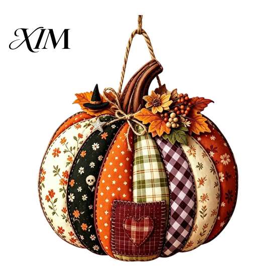 Entryway Decorative Craft Patchwork Pumpkin Wooden Door Hanger, Fall Harvest Halloween Sign Autumn Hanger with Maple Leaves Berries, Farmhouse